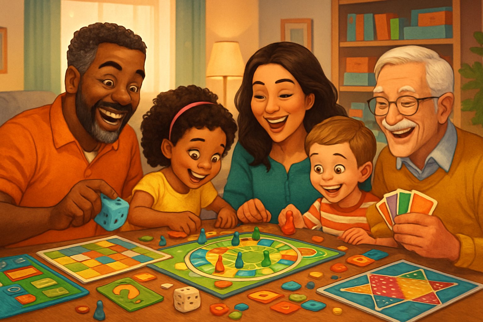 En familj samlad runt ett bord som spelar olika familjespel och har roligt tillsammans i ett mysigt vardagsrum.