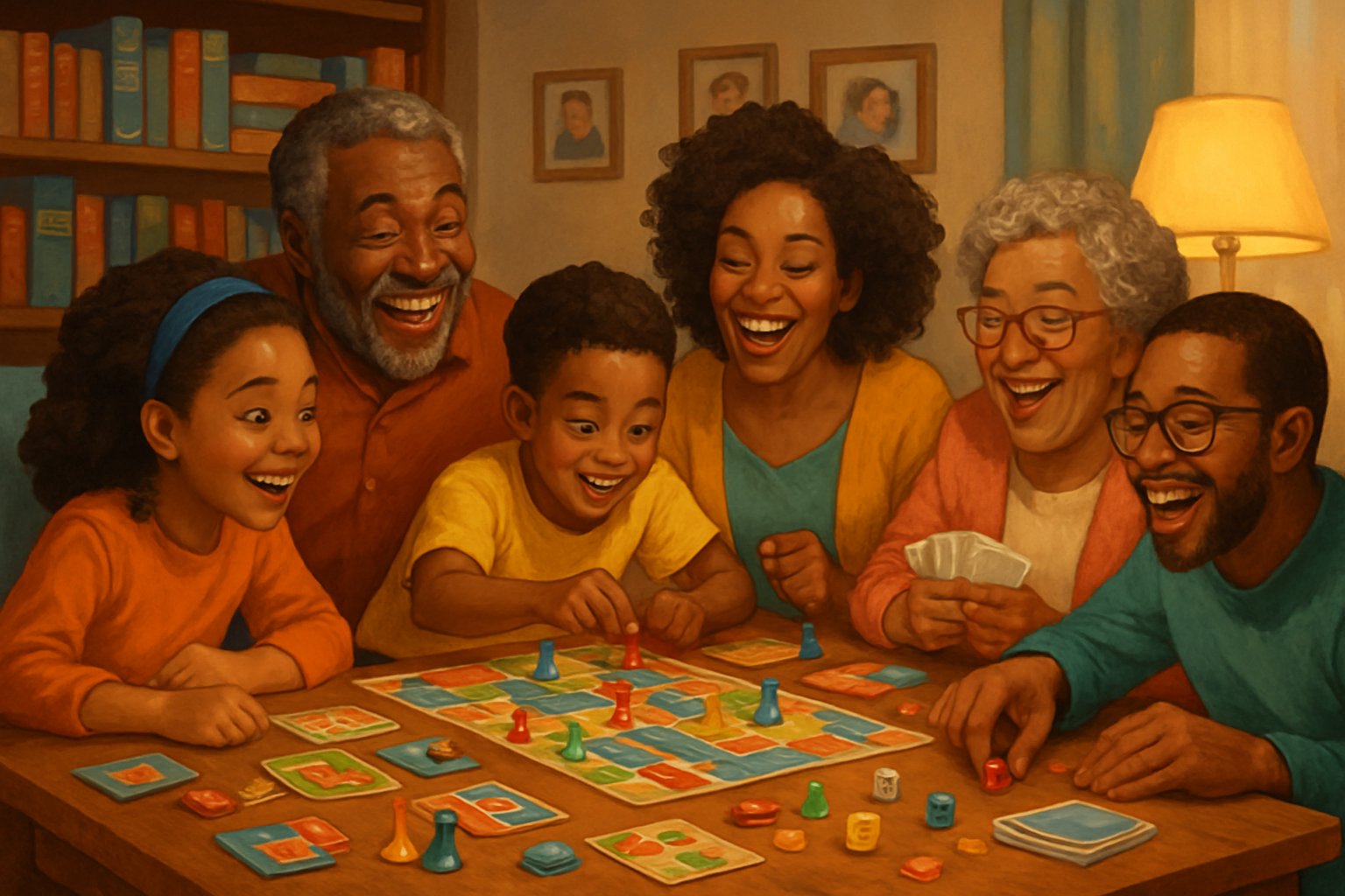 En familj samlad runt ett bord som spelar brädspel tillsammans i ett mysigt vardagsrum.