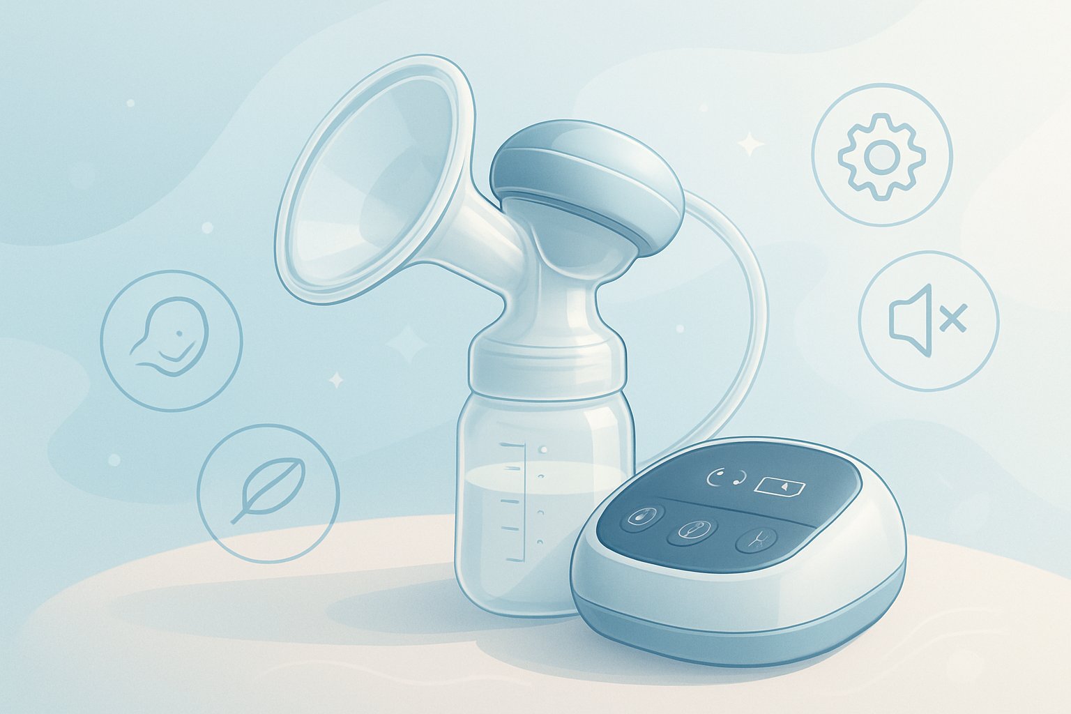 En illustration av en modern bröstpump på en mjuk yta med symboler som visar dess funktioner och fördelar.