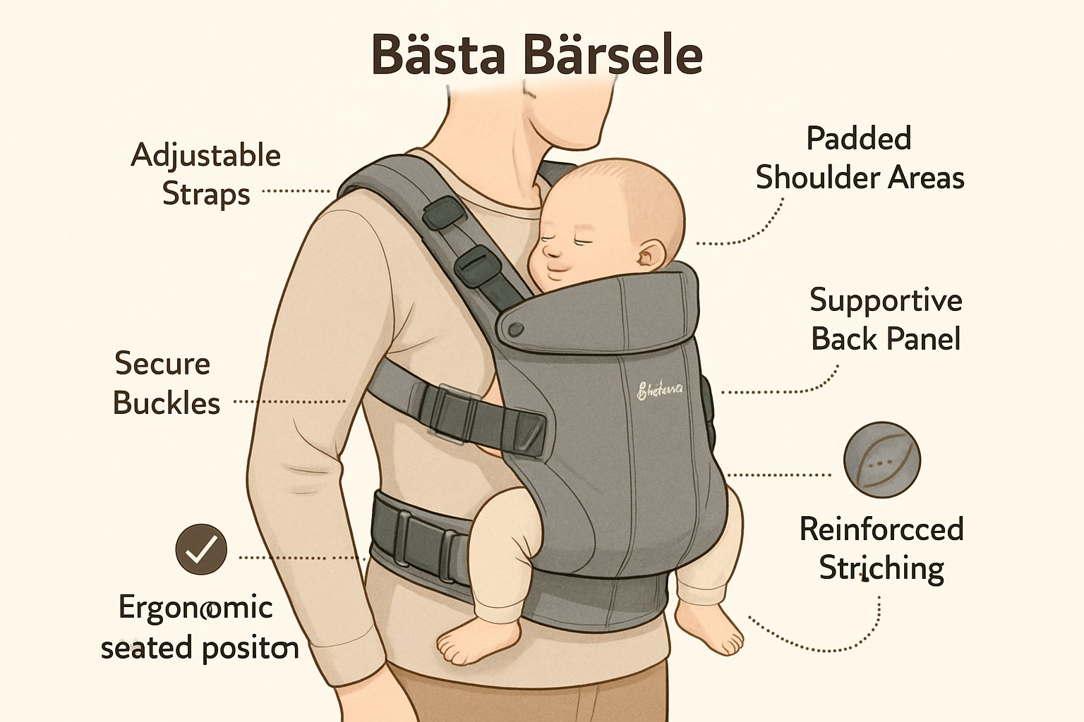 En förälder bär ett barn säkert och ergonomiskt i en bärsele med justerbara remmar och stödjande ryggpanel.