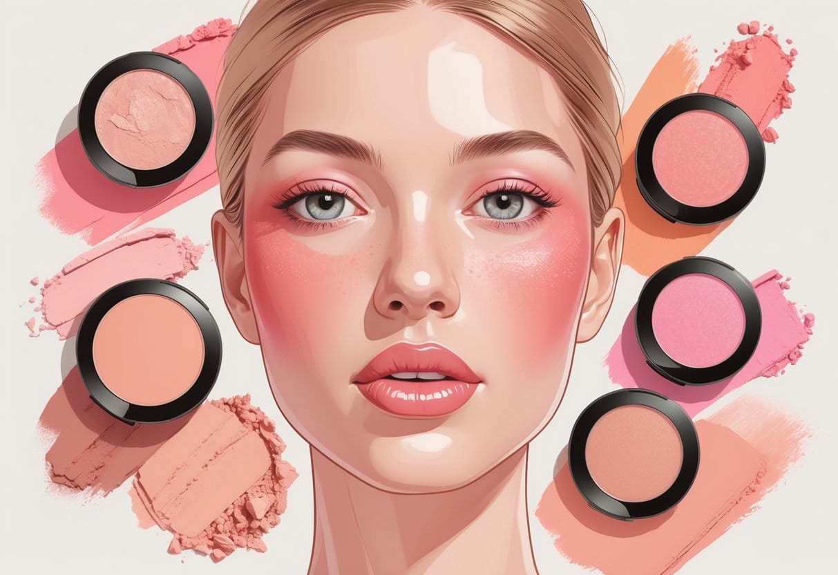 Olika typer och nyanser av rouge bredvid ett ansikte med välapplicerat rouge.